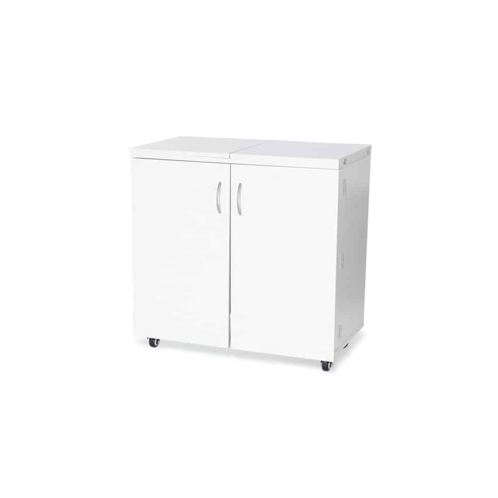 Bandicoot Sewing Cabinet has home-friendly collapsible footprint! Bandicoot features a dual shelving unit, 10 thread spool holders per door, and spacious door cubbies to store sewing notions, scissors and fabric swatches! Shop at Arrow Sewing.