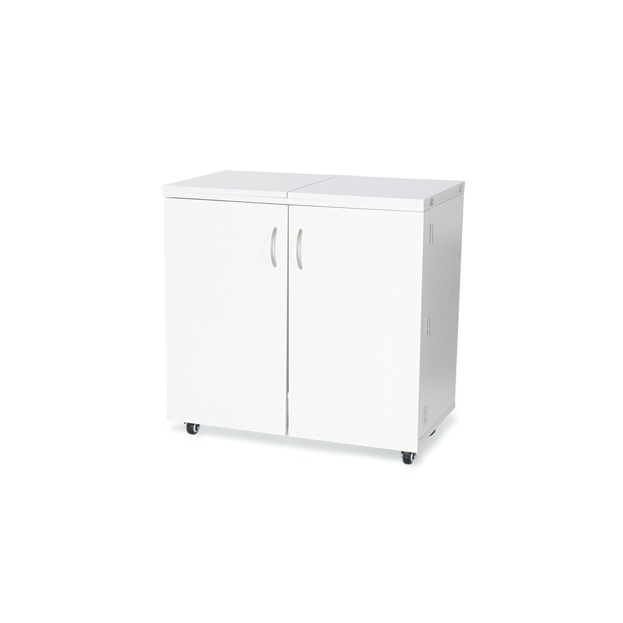 Bandicoot Sewing Cabinet has home-friendly collapsible footprint! Bandicoot features a dual shelving unit, 10 thread spool holders per door, and spacious door cubbies to store sewing notions, scissors and fabric swatches! Shop at Arrow Sewing.