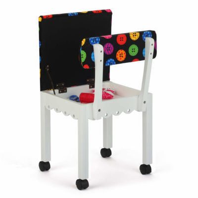 The Bright Buttons Hydraulic Sewing Chair features an adjustable seat, plush cushions, lumbar support and five-star 360° swivel base. The seat’s secret storage compartment is perfect for stashing notions or an emergency button hook.