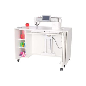 MOD Electric Sewing Cabinet features a 3-position hydraulic lift for free arm and flat bed sewing, and 3 adjustable shelves for dynamic storage options! Available at Arrow Sewing.