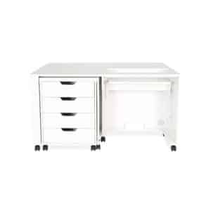 Laverne and Shirley Sewing Cabinet features a 3-position hydraulic lift to accommodate up to a 55 lb machine, a foldable quilt leaf, heavy-duty casters for easy mobility, 4 storage drawers, and a built-in ironing and cutting station.