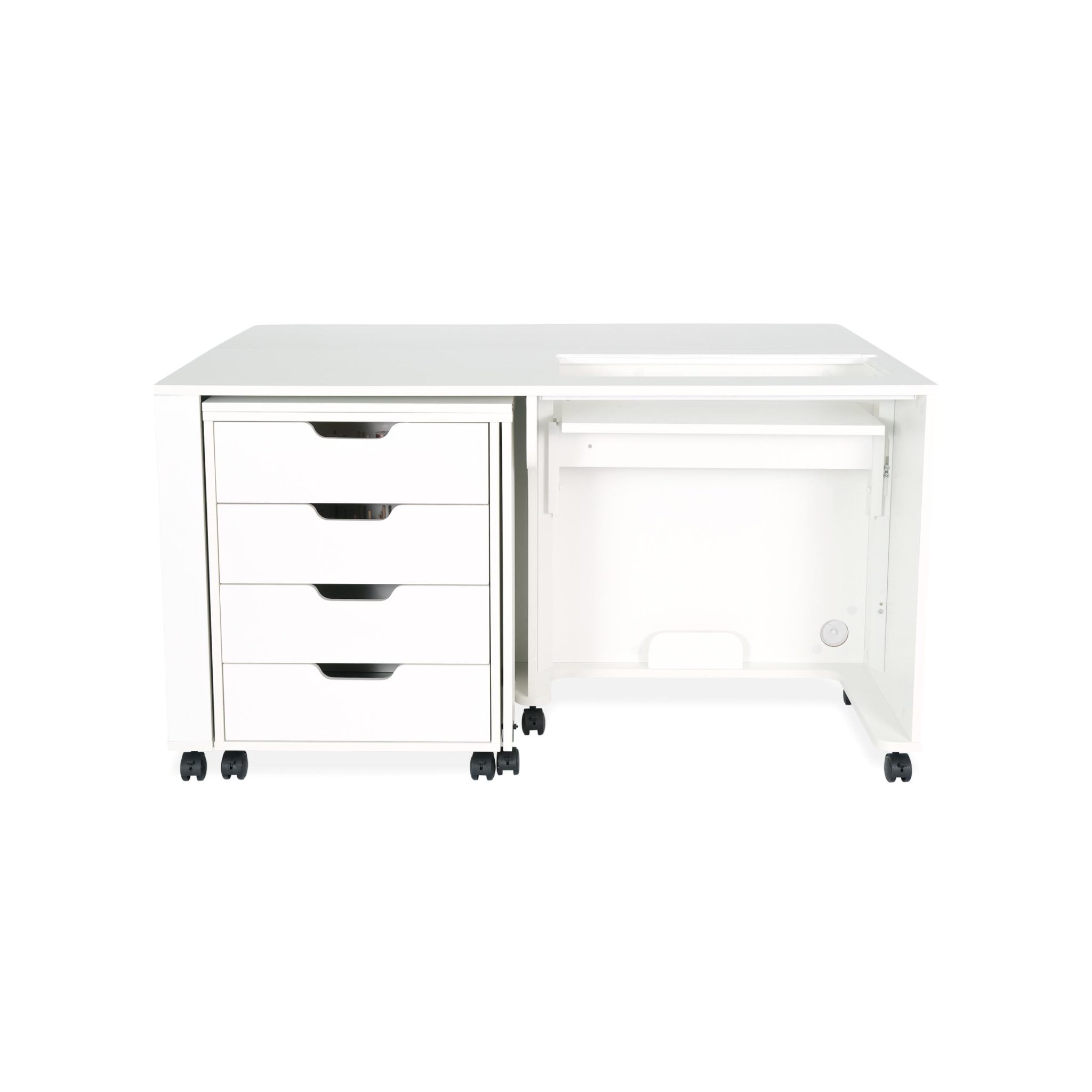 Laverne and Shirley Sewing Cabinet features a 3-position hydraulic lift to accommodate up to a 55 lb machine, a foldable quilt leaf, heavy-duty casters for easy mobility, 4 storage drawers, and a built-in ironing and cutting station.