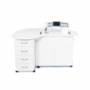 White Amelia Sewing Cabinet (R8301) from Americana Sewing Furniture with sewing machine in free arm sewing position