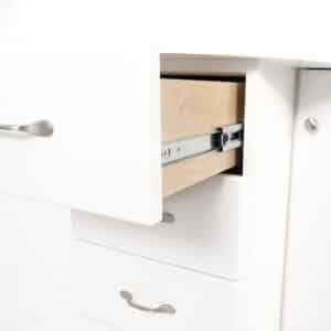 White Amelia Sewing Cabinet (R8301) from Americana Sewing Furniture with dovetail drawer extended