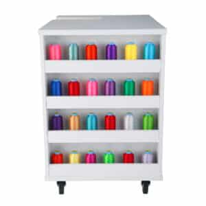 White Ava Embroidery Cabinet (9301J) from Kangaroo Sewing Furniture with colorful thread