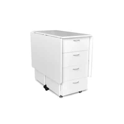 White Kookaburra Cutting Table (K3451) from Kangaroo Sewing Furniture closed down to small footprint on rolling casters