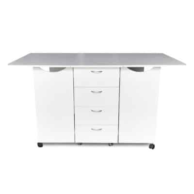 White Kookaburra Cutting Table (K3451) from Kangaroo Sewing Furniture opened with large cutting worksurface and storage
