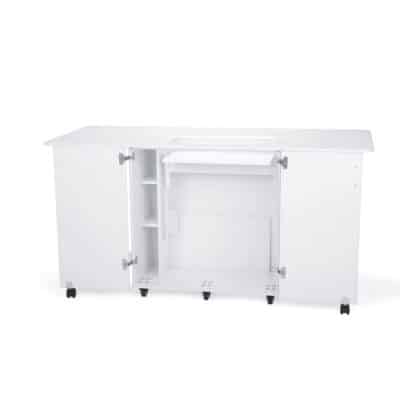 White Emu Sewing Cabinet (K9411) from Kangaroo Sewing Furniture in flat bed position and side leaves extended