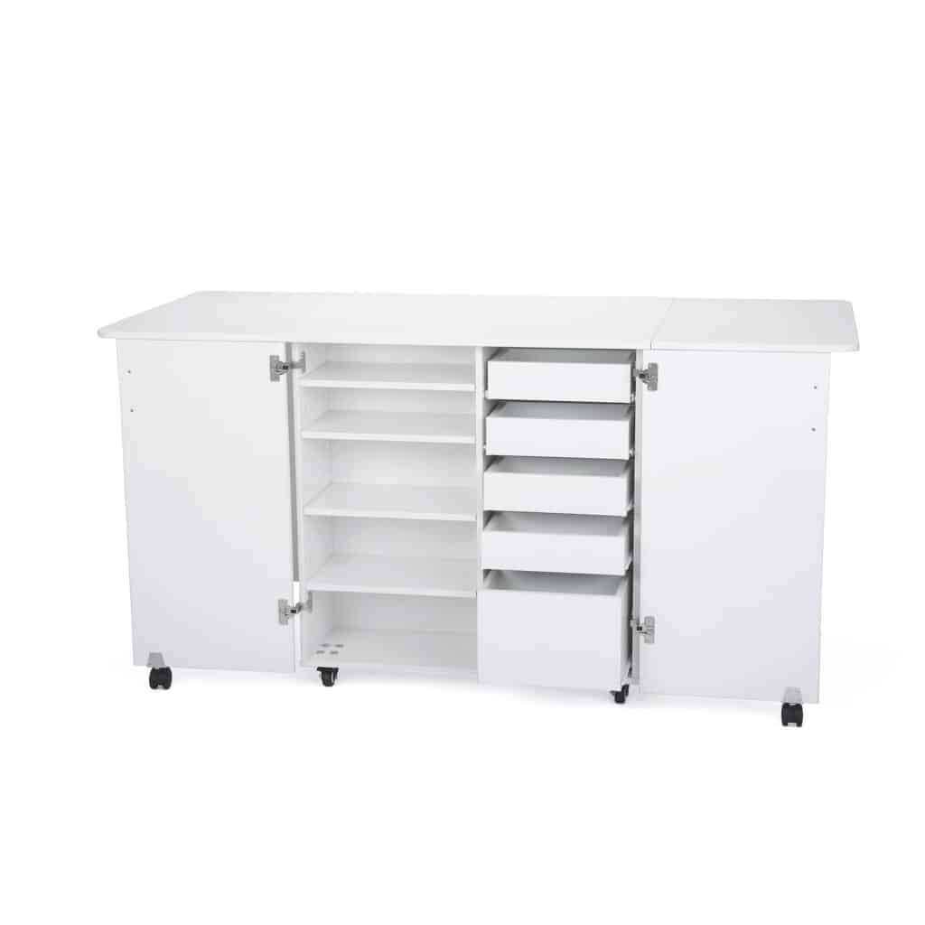 White Emu Sewing Cabinet (K9411) from Kangaroo Sewing Furniture with storage drawers extended