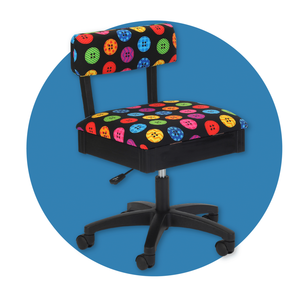 Bright Buttons height adjustable sewing chair from Arrow Sewing Furniture.