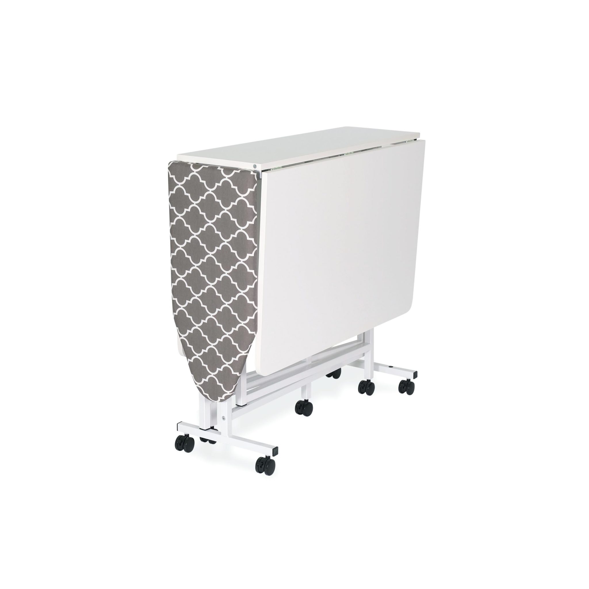 Millie Cutting & Ironing Table features an expansive 59-1/8” x 35-7/8” cutting area, a built-in folding ironing station. When not in use, Millie folds into a compact, home-friendly footprint for easy storage!