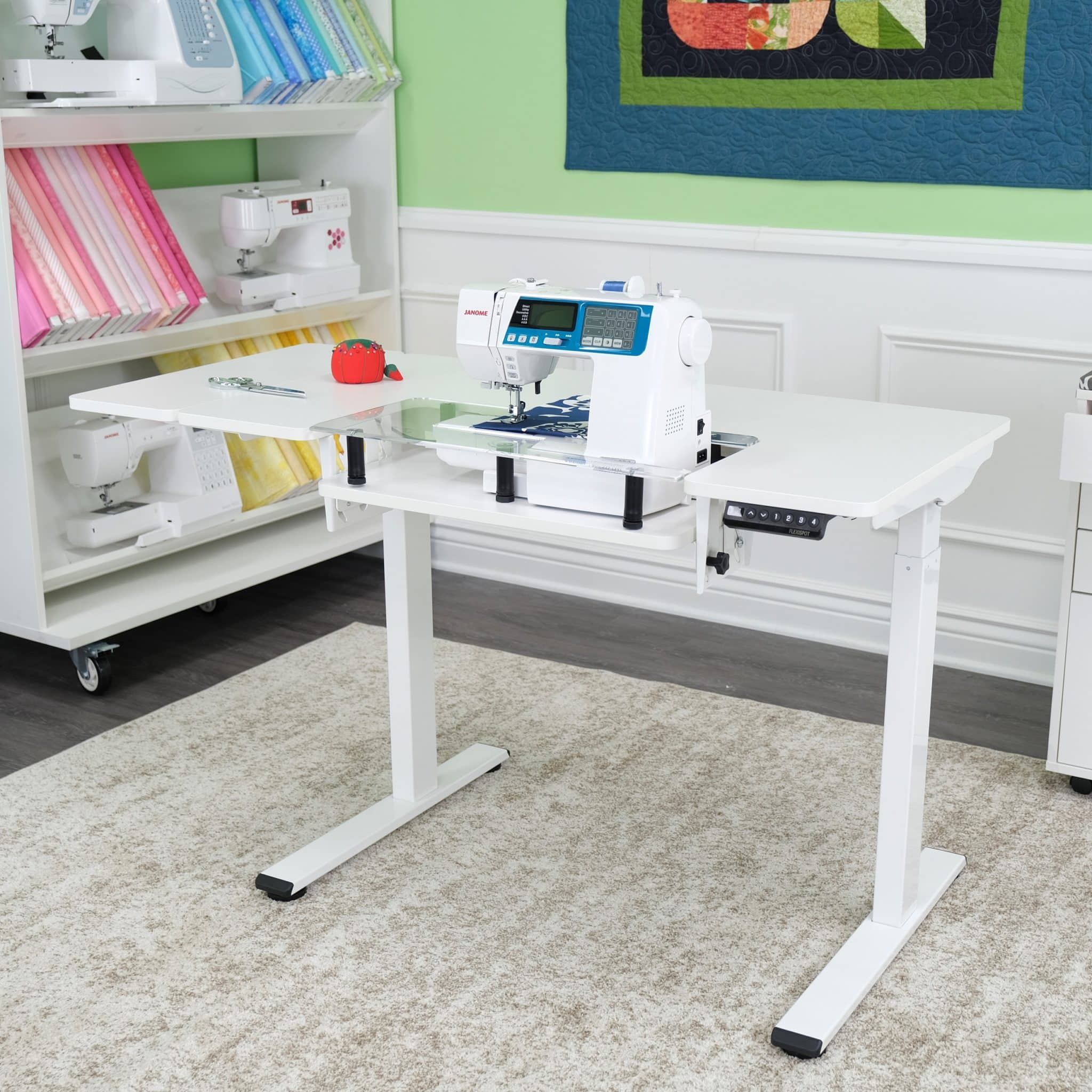 Eleanor Serger & Sewing Table is an electric, height-adjustable table by Arrow Classic Sewing Furniture. Can be doubled as a primary office desk.