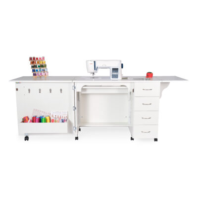Harriet Sewing Cabinet is a timeless, full-size sewing cabinet featuring a 3-position hydraulic sewing lift, 2 foldable side leaves, and 4 drawers of dedicated sewing storage. By Arrow Sewing.