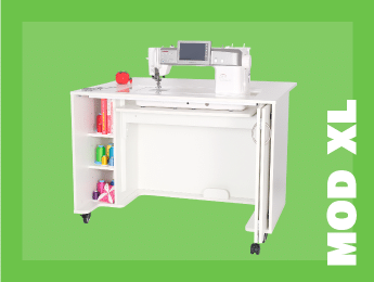 MOD XL Sewing Cabinet features a 3-position hydraulic lift for free arm and flat bed sewing, and 3 adjustable shelves for dynamic storage options.