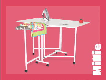 Millie is a one-stop shop cutting and pressing table designed to consolidate your working area and add convenience to your cutting project workflow. Available at Arrow Sewing Furniture.
