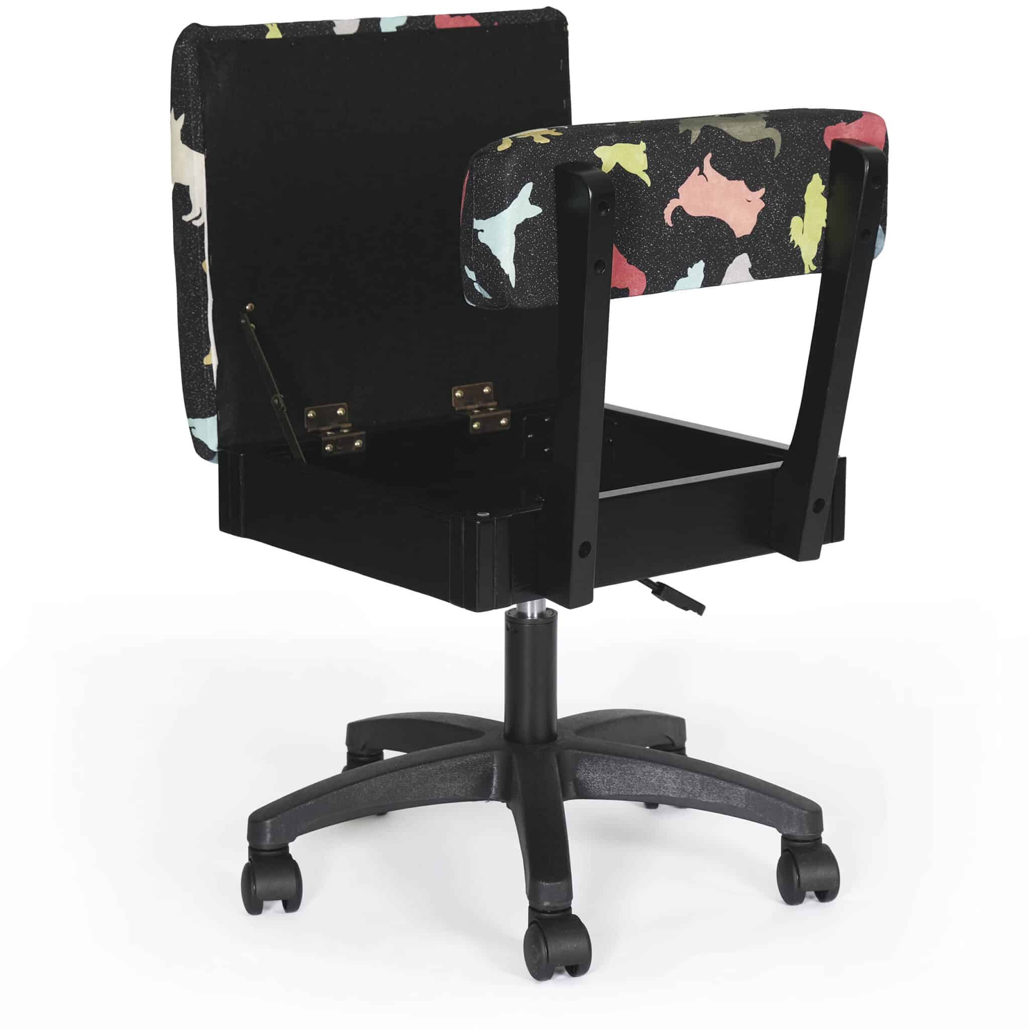 The Good Dog Hydraulic Sewing Chair offers an adjustable seat, plush cushions, lumbar support and five-star 360° swivel base make it easy to sew ergonomically, along with the seat’s secret storage compartment is perfect for stashing notions or an emergency dog biscuit.