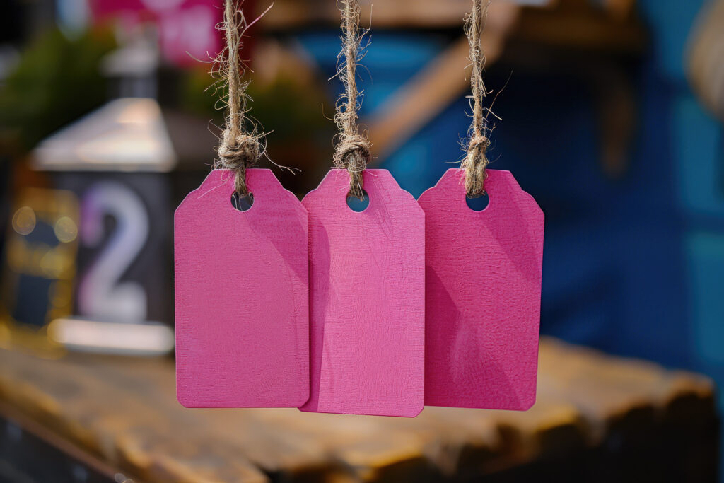 A Sewist’s Guide To Your First Craft Fair - three sale tags hanging from string table - Arrow Sewing